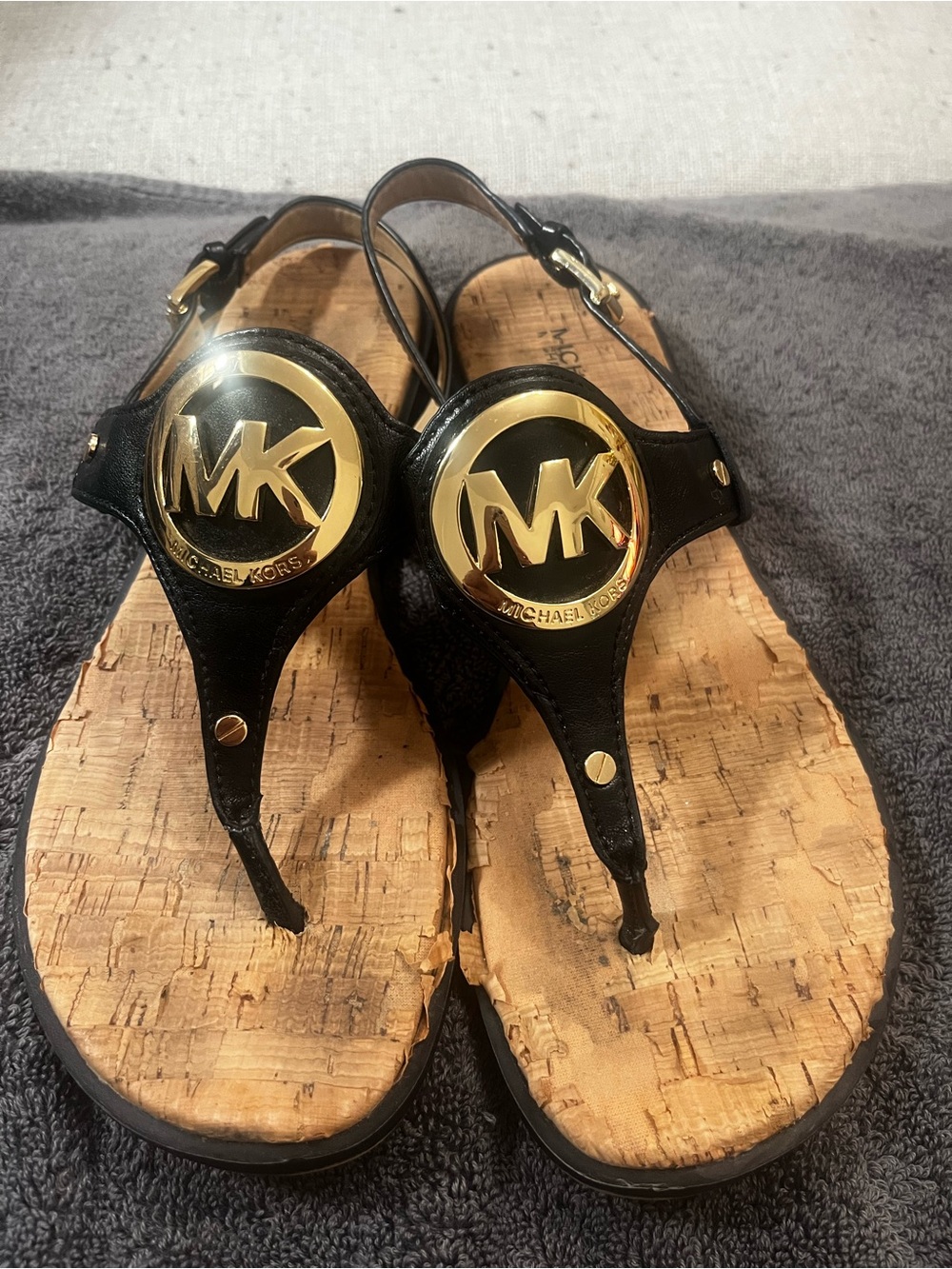 Michael Kors Black Patent Leather and Gold Hardware Thong Sandals